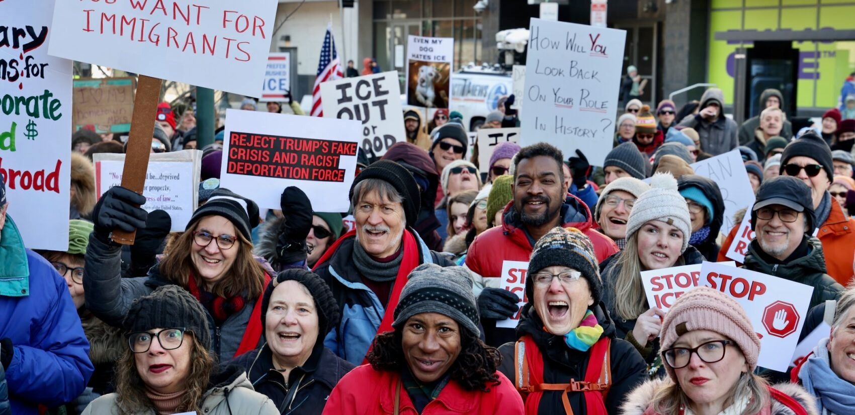 Hundreds of protesters gather outside the Philadelphia Immigration Court at 9th and Market streets