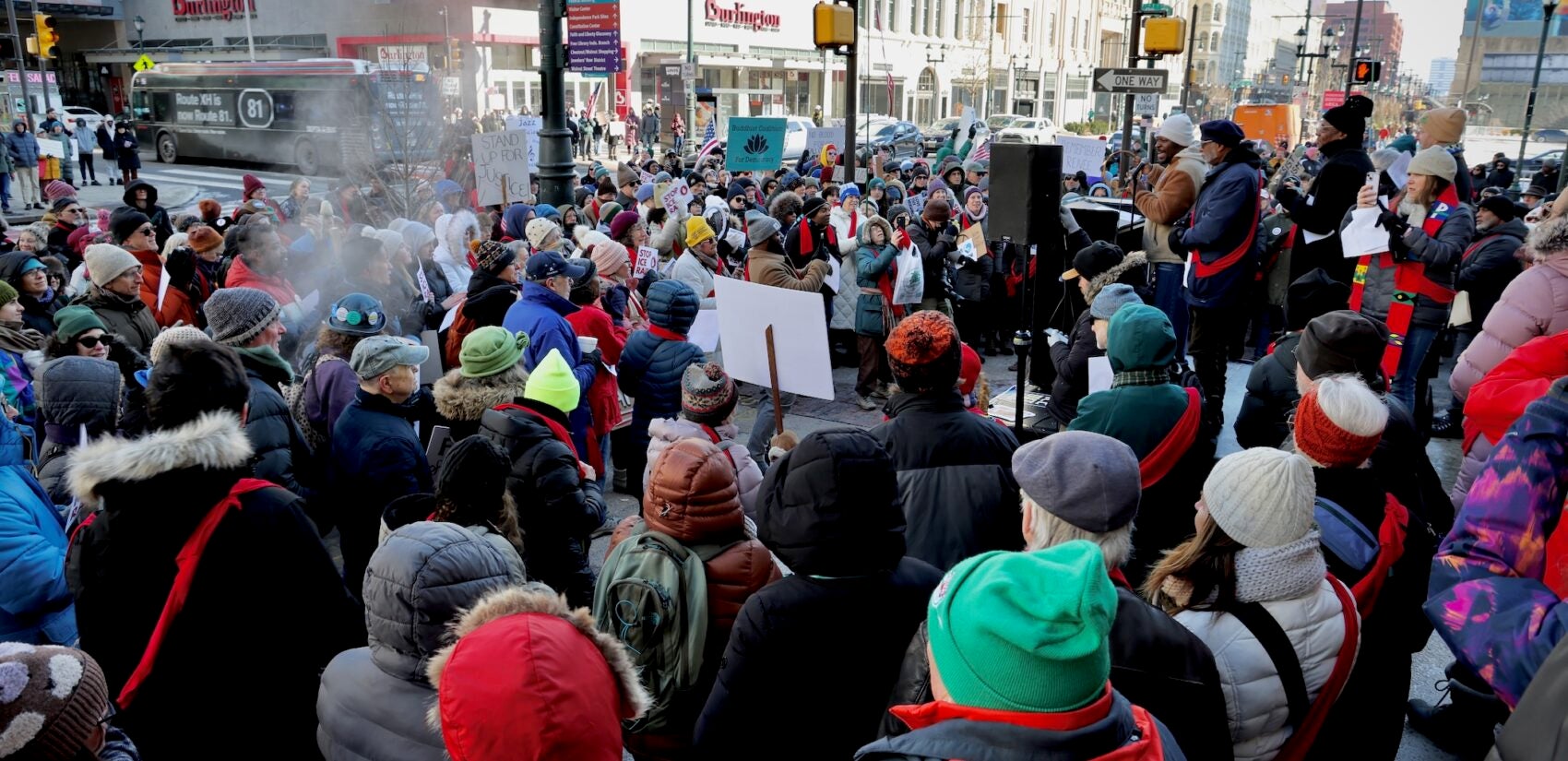 Hundreds of protesters gather outside the Philadelphia Immigration Court at 9th and Market streets