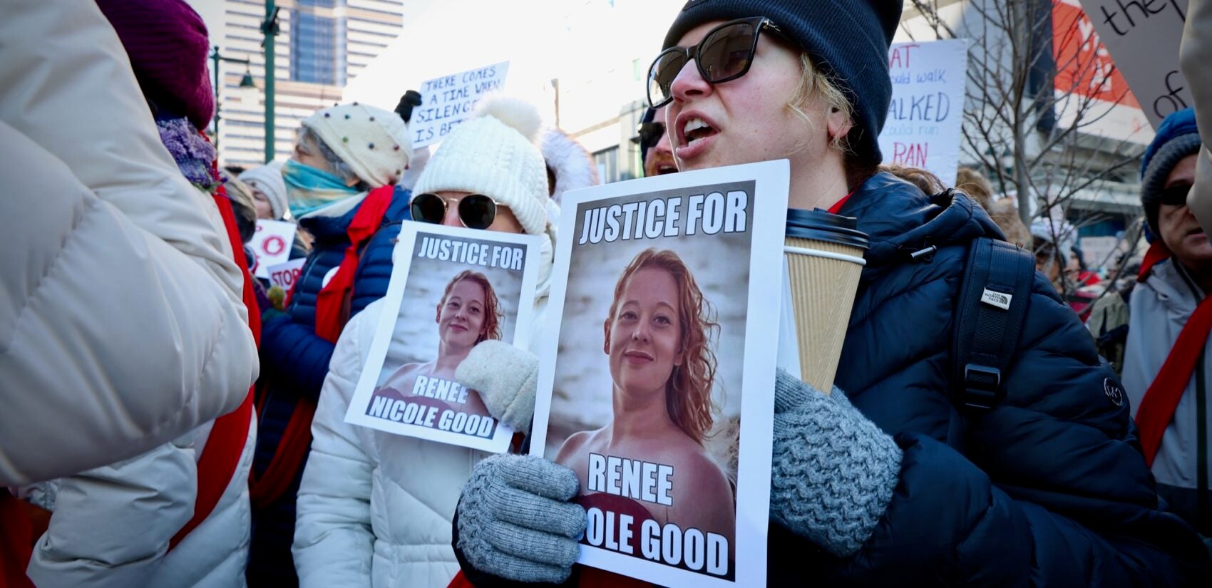 Protesters sing and chant outside the Philadelphia Immigration Court at 9th and Market streets