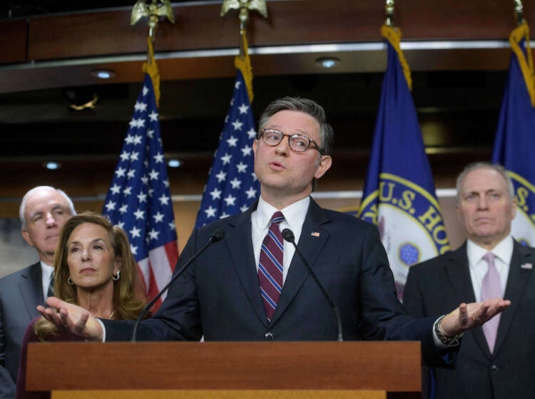 Speaker of the House Mike Johnson, R-La., second from right, is joined by from left: Rep. Mario Diaz-Balart, R-Fla., House Republican Conference Chairwoman Lisa McClain, R-Mich., and House Majority Leader Steve Scalise, R-La., during a news conference at the Capitol, Wednesday, Jan. 7, 2026, in Washington. (AP Photo/Rod Lamkey, Jr.)