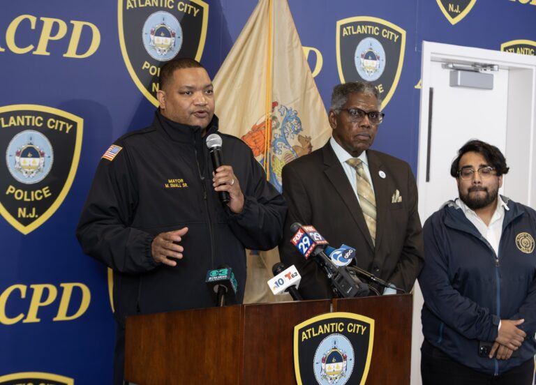 Atlantic City Mayor Marty Smalls speaks to reporters from a podium