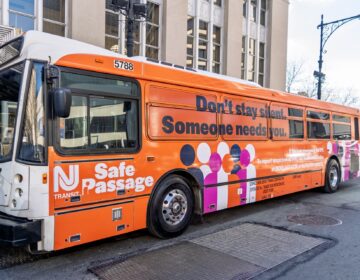 One of two NJ Transit buses wrapped in anti-human trafficking messaging