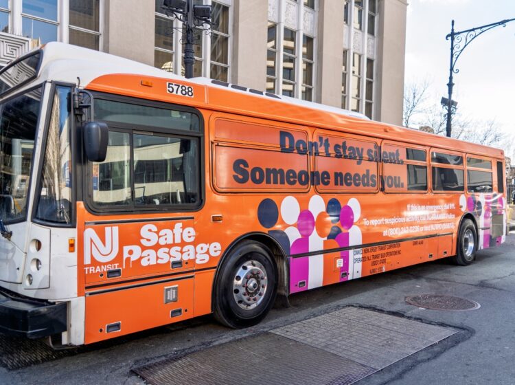 One of two NJ Transit buses wrapped in anti-human trafficking messaging