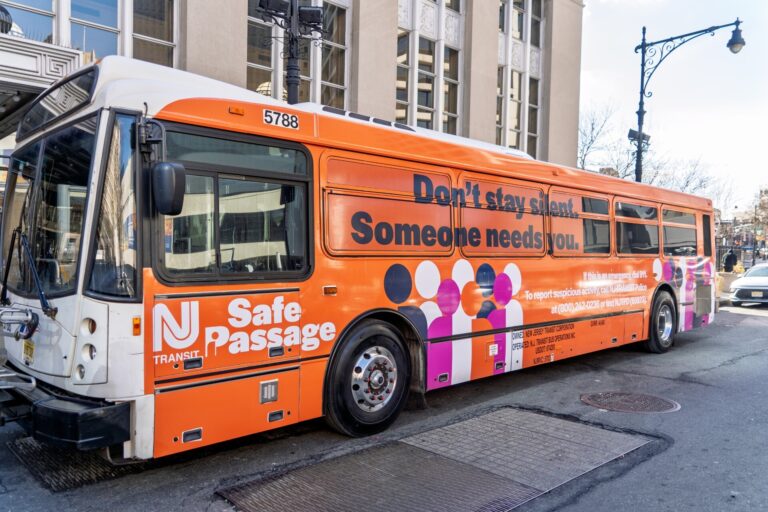 One of two NJ Transit buses wrapped in anti-human trafficking messaging