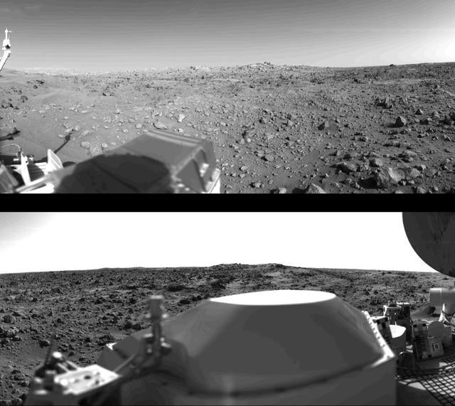 The first panoramic view of the surface of Mars captured by Viking 1. On the left-hand side of the top photo is the housing for the Viking's sample arm (a robotic arm that scooped up Martian soil for analysis). The upper right of the bottom photo shows the high-gain dish antenna for direct communication between the lander and Earth. (NASA)