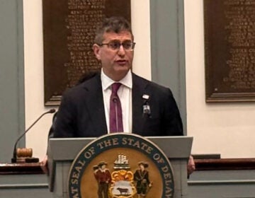 Matt Meyer standing at a podium giving a speech in Legislative Hall
