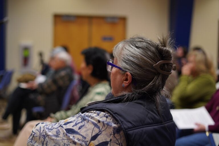 Audience members listen as Democratic hopefuls Tracy Hunt, Lucia Simonelli and Rob Strickler hold a town hall in Horsham
