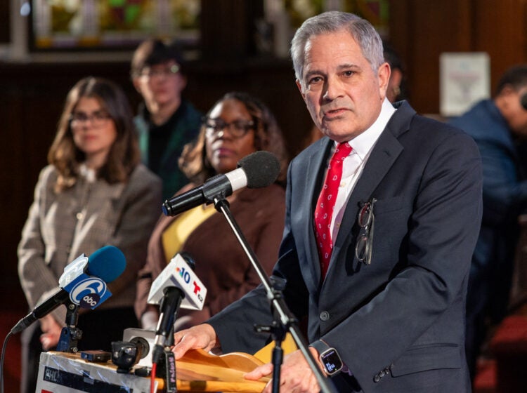 Philadelphia District Attorney Larry Krasner holds a press conference
