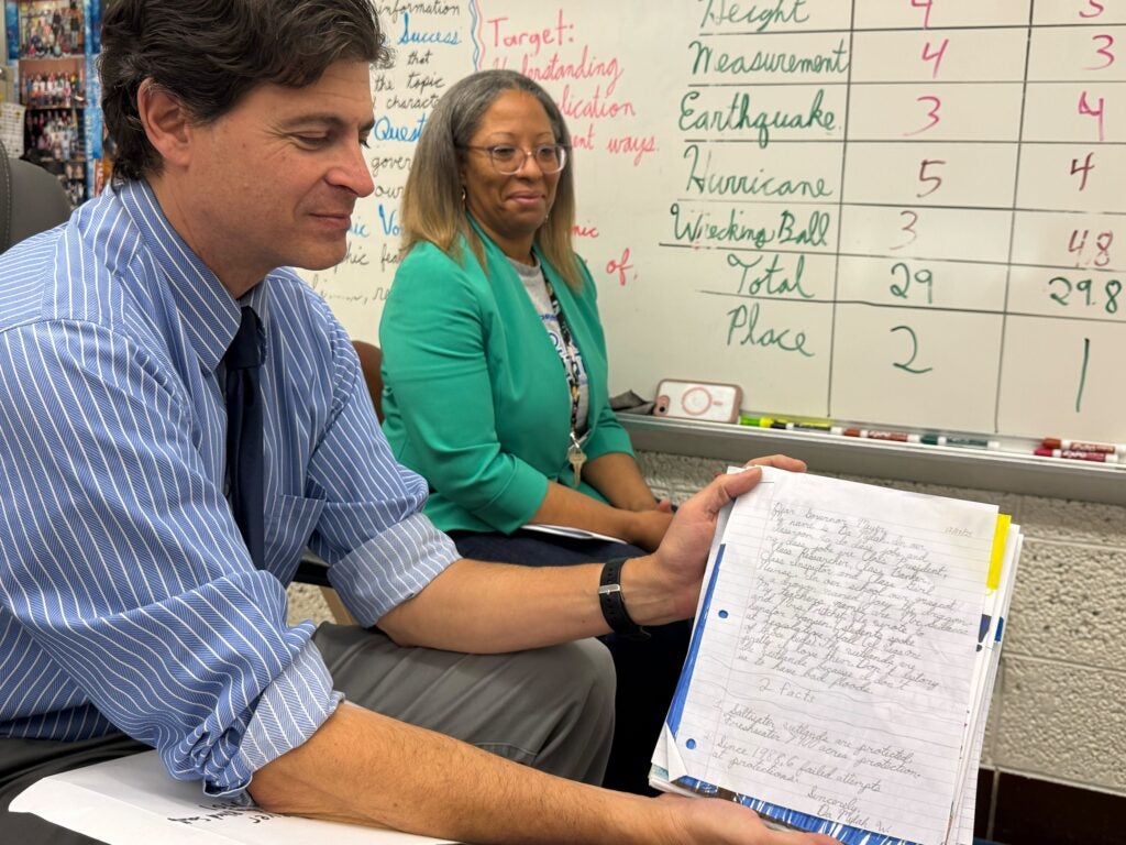 Fourth-grade teacher Paul Sedacca and a woman