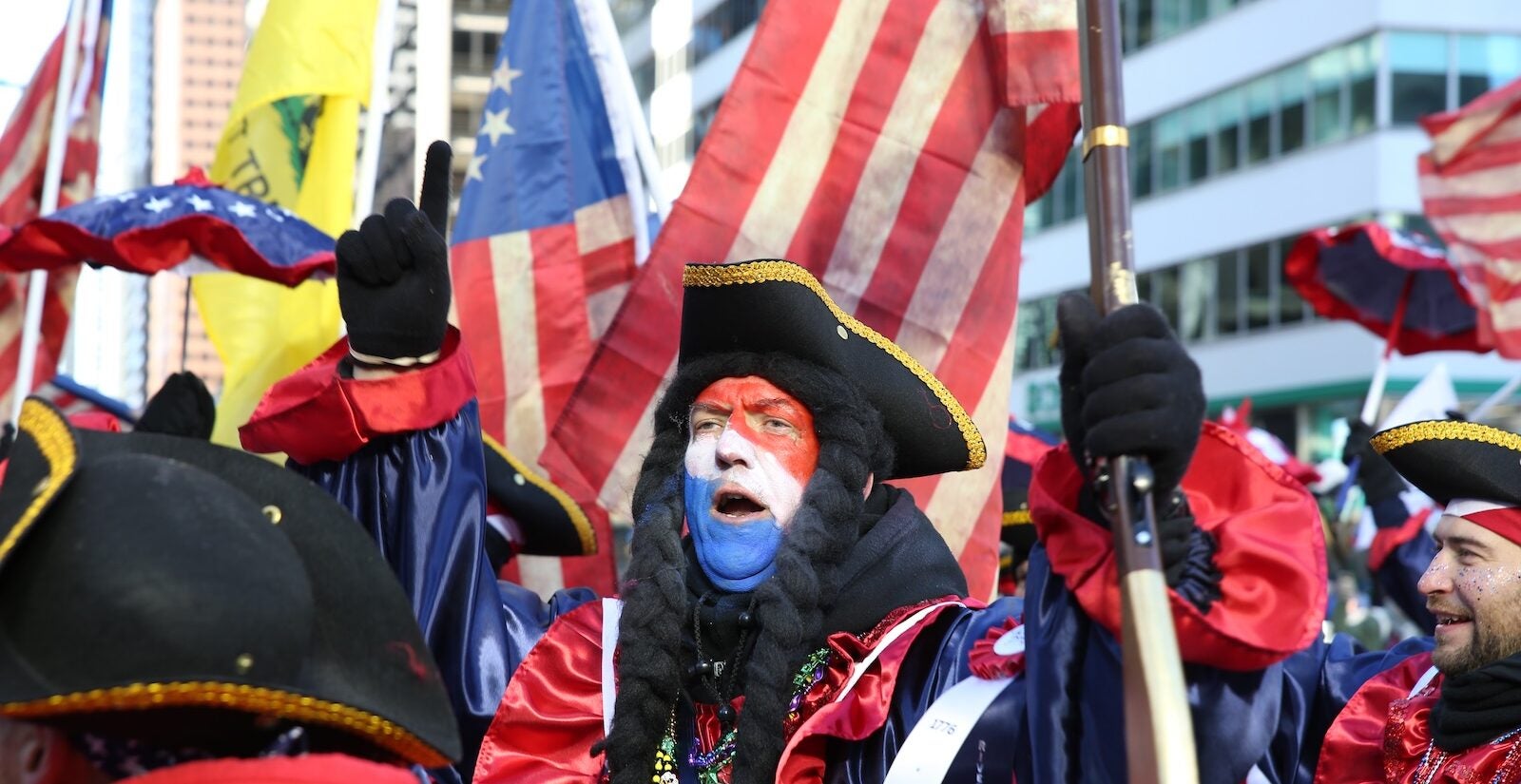 Patriotic performers are seen at the 125th Mummers Parade in Philadelphia on Jan. 1, 2026.