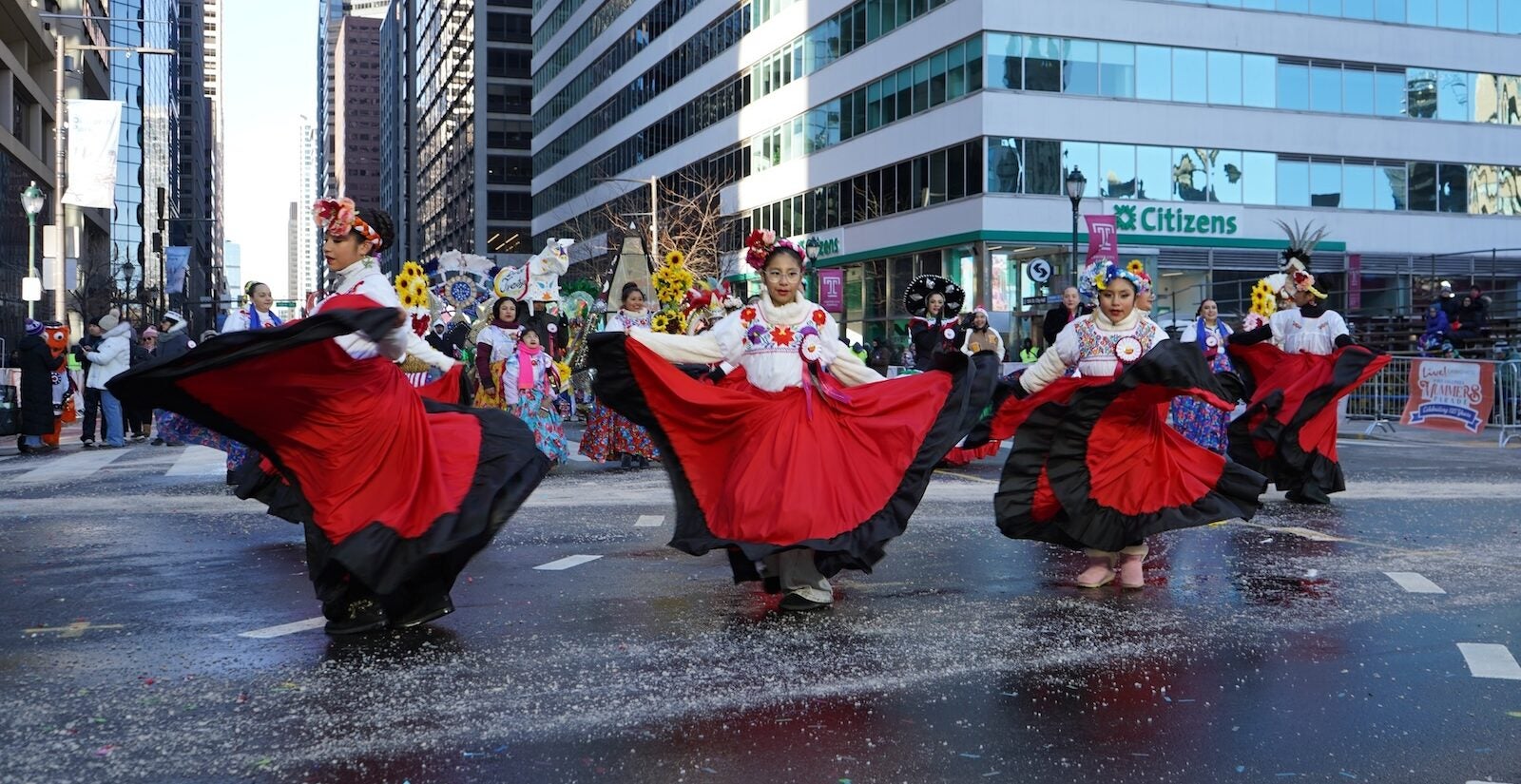 Danza Tonantzin dancers perform during the 2026 Mummers parade.