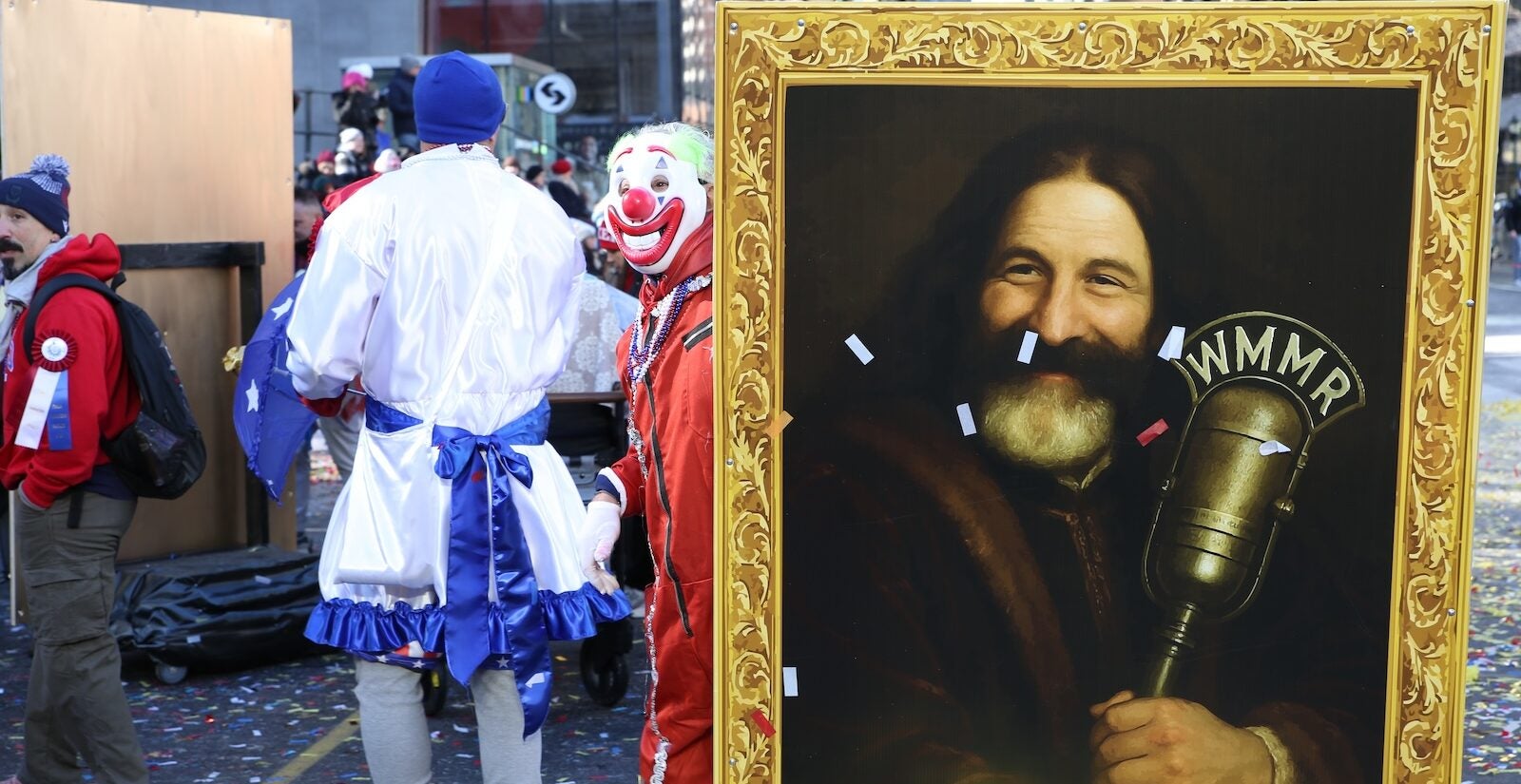 A sign at the 2026 Mummers Parade in Philadelphia honors the late WMMR host Pierre Robert