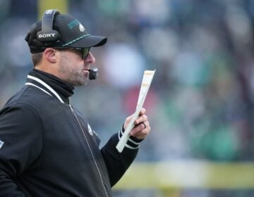 Philadelphia Eagles' offensive coordinator Kevin Patullo coaches