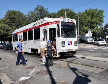 a trolley at the intersection of Baltimore Avenue, 58th Street and Cobbs Creek Parkway