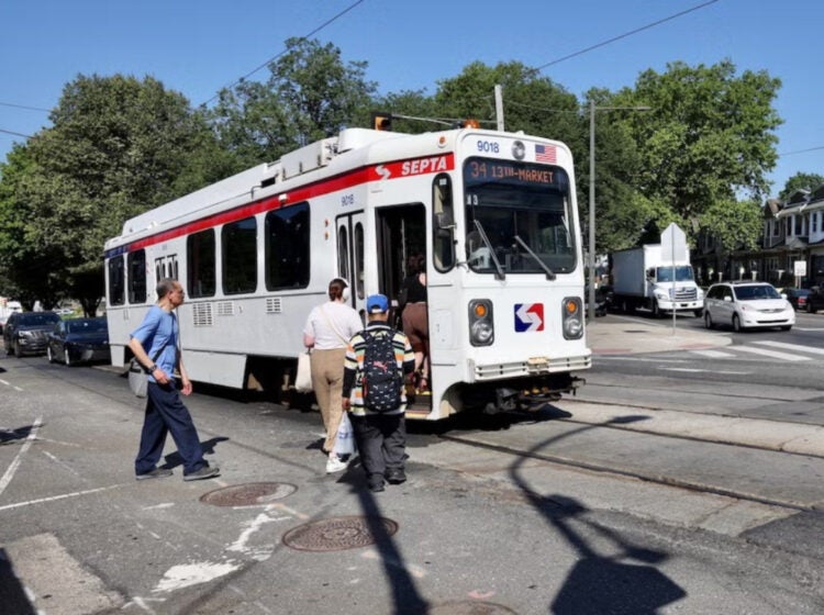 a trolley at the intersection of Baltimore Avenue, 58th Street and Cobbs Creek Parkway