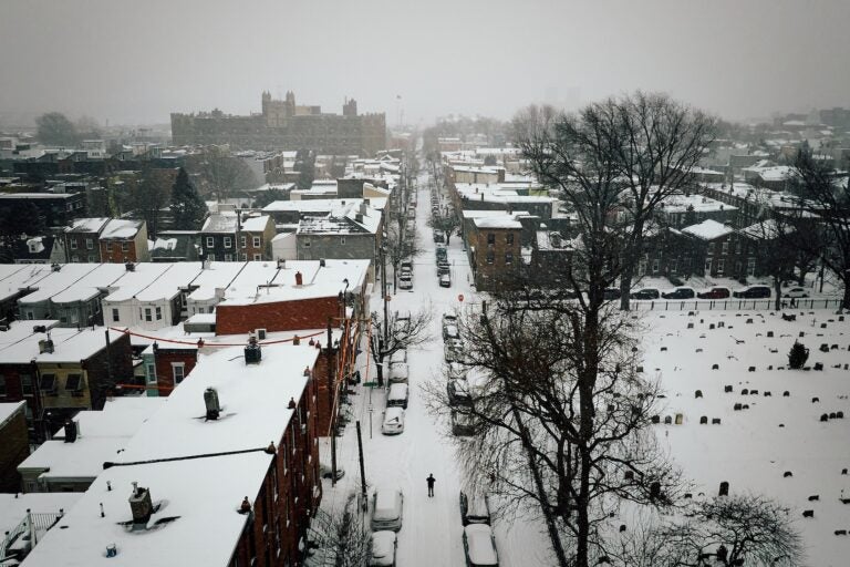 An aerial view of East Montgomery Avenue in Fishtown is blanketed with snow on Jan. 25, 2026.