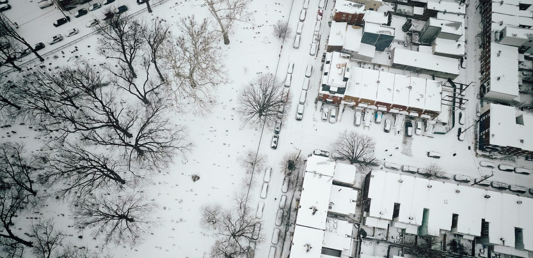 An aerial view shows Palmer Cemetery in Fishtown blanketed with snow on Jan. 25, 2026.