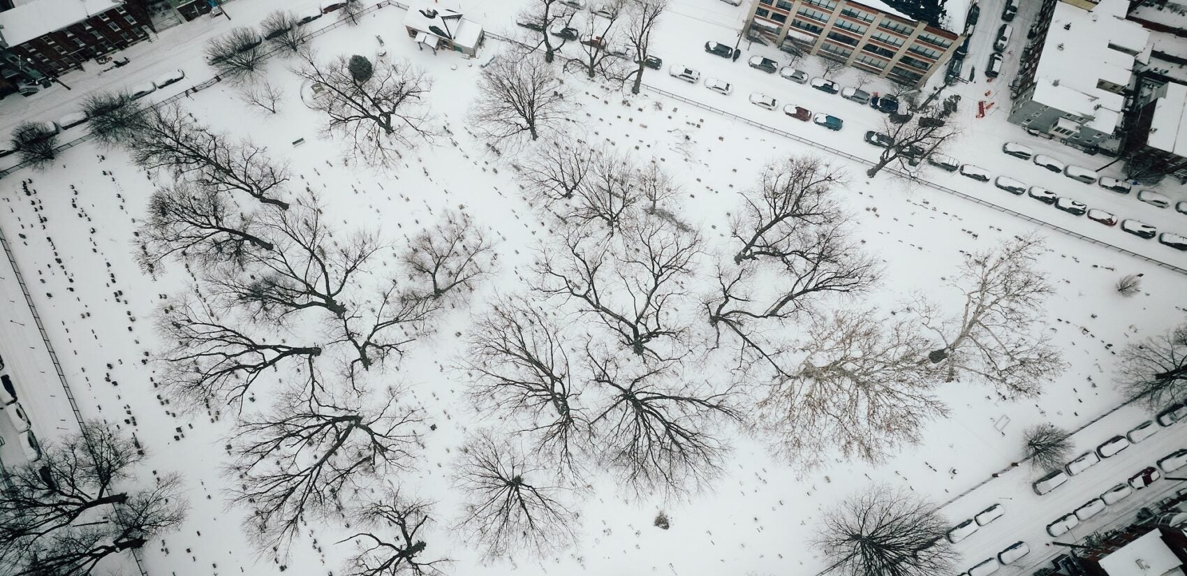 An aerial view shows Palmer Cemetery in Fishtown blanketed with snow on Jan. 25, 2026.