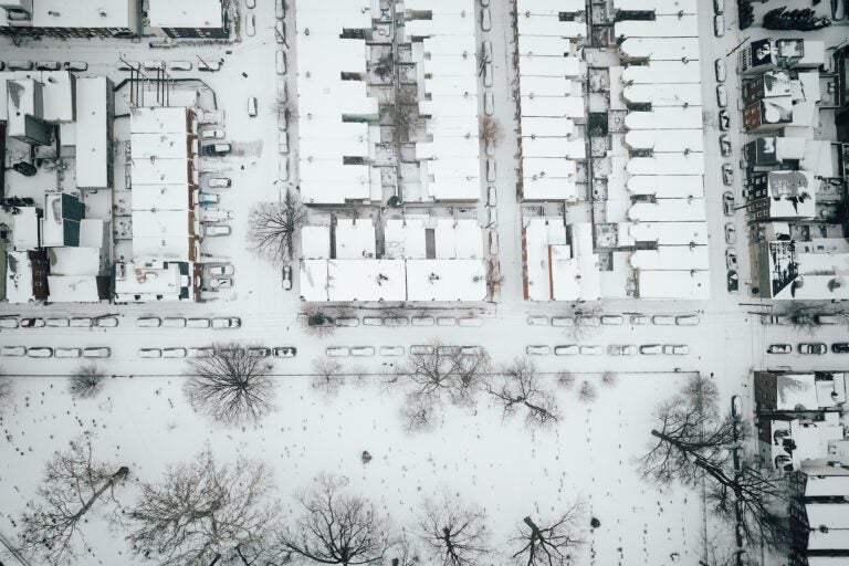 An aerial view shows Palmer Cemetery in Fishtown blanketed with snow on Jan. 25, 2026.