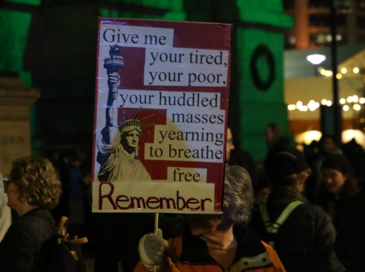 More than 1,000 people gathered outside of Philadelphia City Hall on Thursday, Jan. 8, 2026 to protest the shooting death of Renee Nicole Good by an Immigration and Customs Enforcement officer in Minneapolis. (Cory Sharber/WHYY)