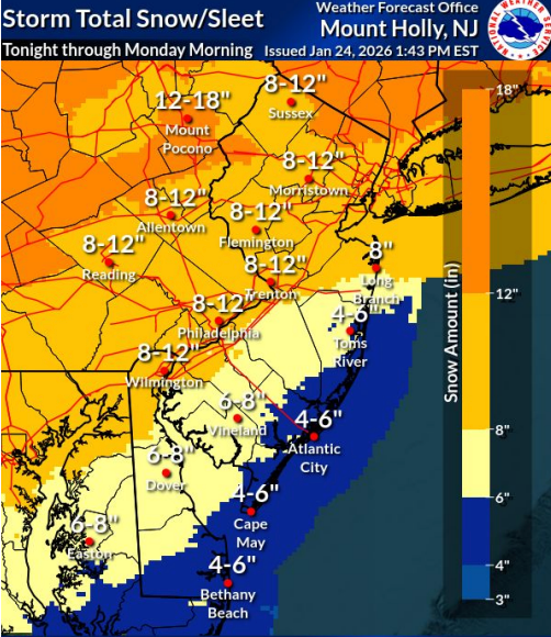 A National Weather Service forecast map shows the Philadelphia region is anticipating heavy snowfall this weekend.
