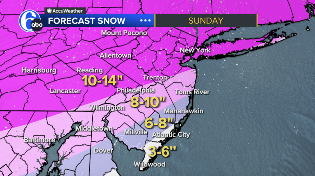 A 6abc forecast map shows the Philadelphia region is anticipating heavy snowfall this weekend