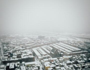 An aerial view shows Fishtown blanketed with snow on Jan. 25, 2026.