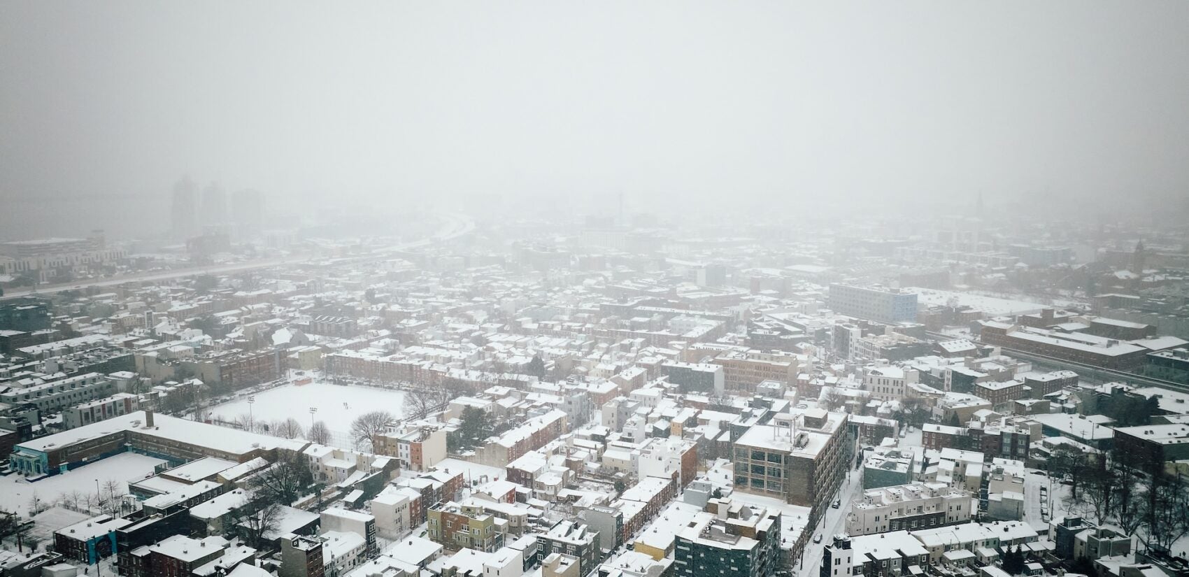 An aerial view shows Fishtown blanketed with snow on Jan. 25, 2026.