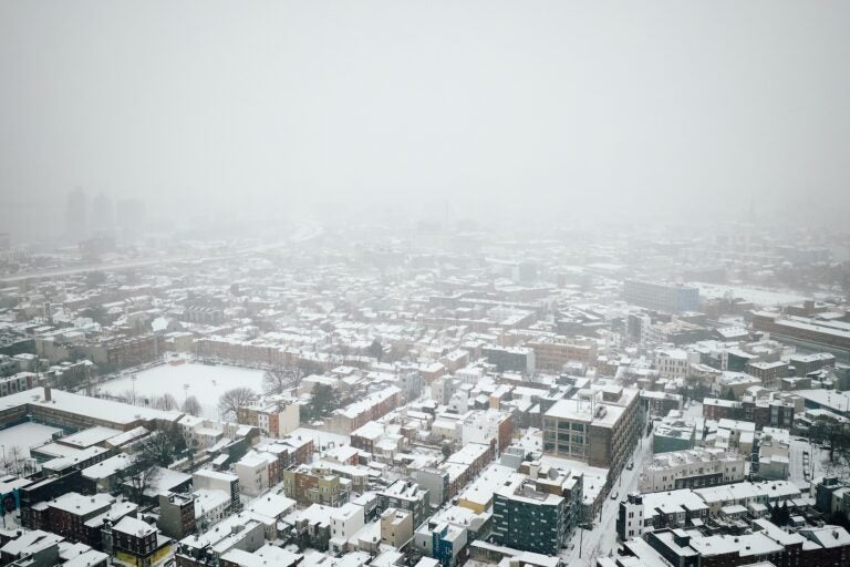 An aerial view shows Fishtown blanketed with snow on Jan. 25, 2026.