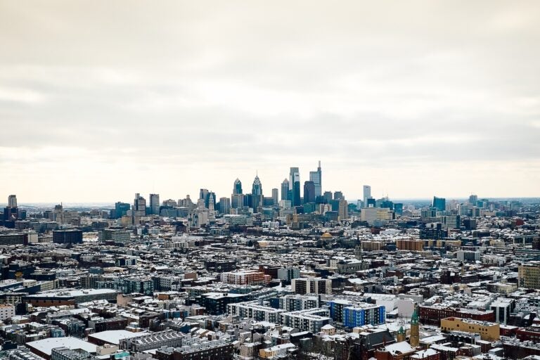 Snowy Philadelphia streets are seen from above on Jan. 26, 2026 after a major storm