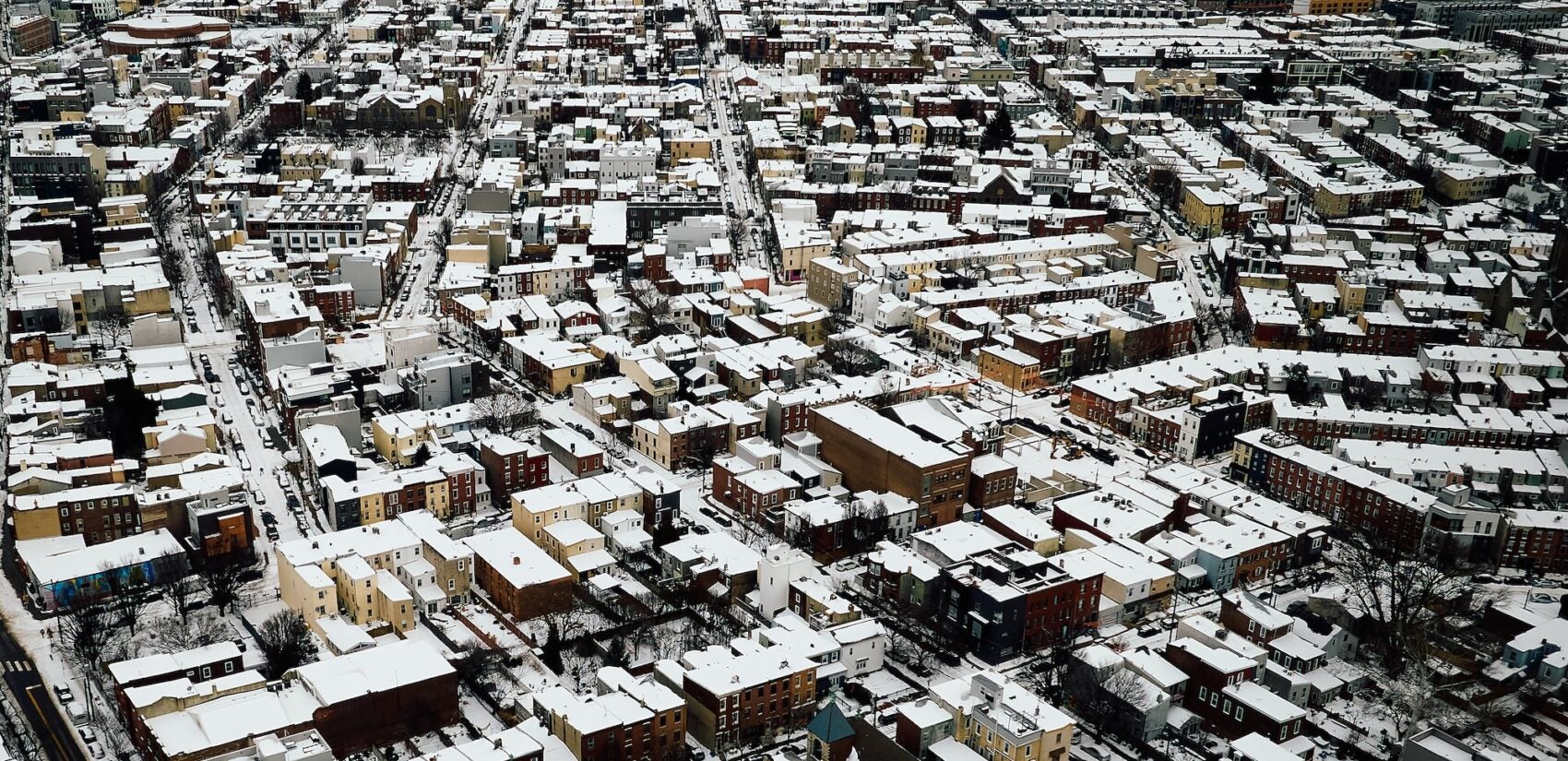 Snowy Philadelphia streets are seen from above on Jan. 26, 2026 after a major storm