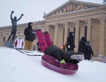 People sled on Philadelphia Art Museum steps by the Rocky statue during a winter storm in Philadelphia, Sunday, Jan. 25, 2026.