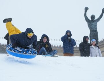 Winter Weather Philadelphia People sled on Philadelphia Art Museum steps by the Rocky statue during a winter storm in Philadelphia, Sunday, Jan. 25, 2026.