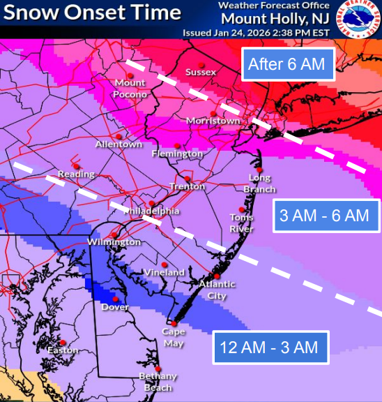 A National Weather Service forecast map shows the timing of a major snow storm in the Philadelphia region, which will see snowfall overnight into Sunday morning; snow will shift to sleet in the afternoon, particularly in areas further south 