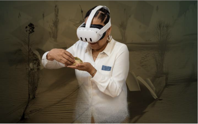 A woman who is wearing a VR headset is eating a taco