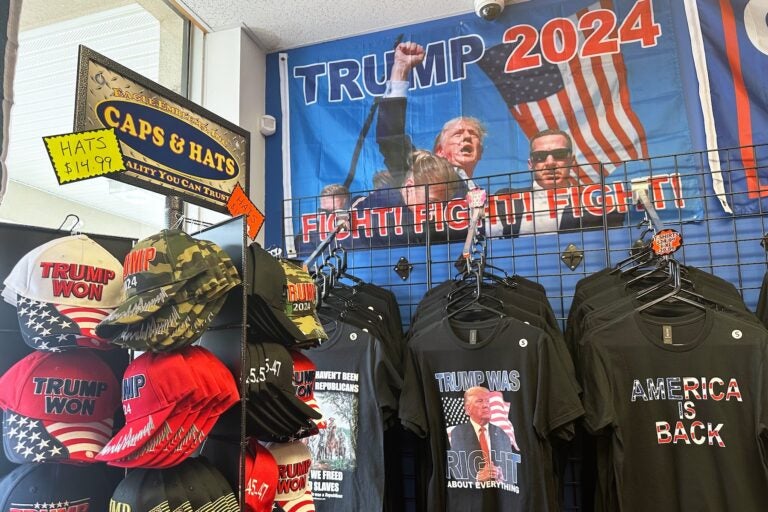 Merchandise is seen for sale at the Trump Store in Bensalem, Pa.