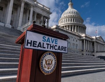 A lectern awaits the arrival of House Democrats to speak on the health care funding fight on the steps of the House at the Capitol in Washington, Nov. 12, 2025.