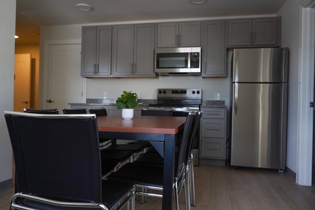A modern kitchen with nice appliances, cupboards and countertop.