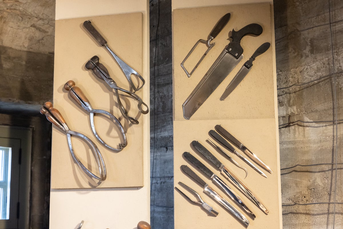 Gynecological and amputation tools on display