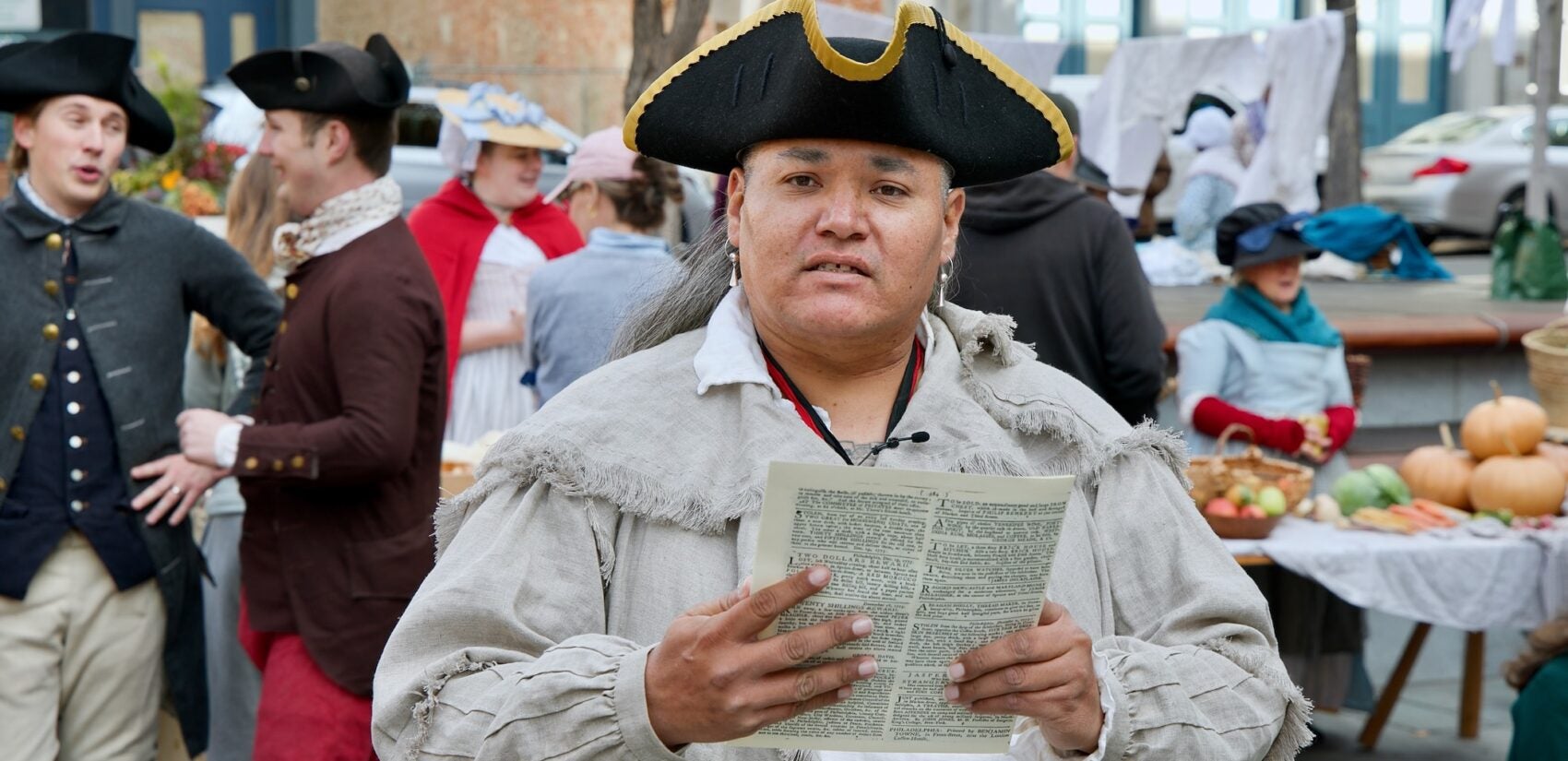 DJ Huff reads the speech given by Chief White Eyed to the Continental Congress