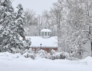 Snow blankets the yard, trees, and roof of a school building in Moorestown, New Jersey