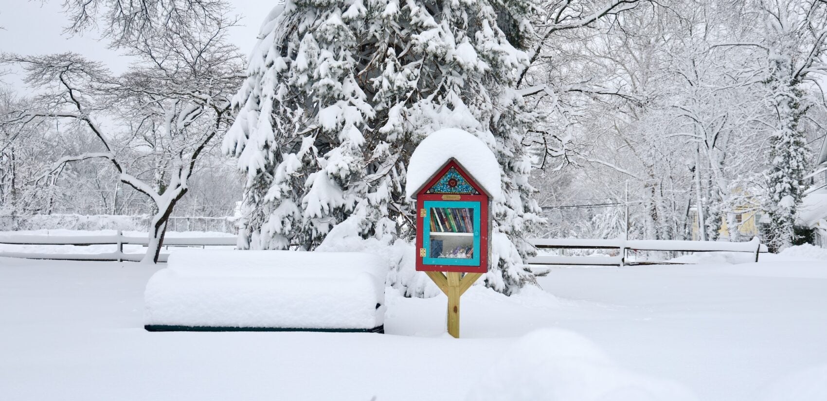 A little free library can be seen standing above the snow, while a bench next to it is entirely covered after a huge snowstorm in Moorestown, New Jersey