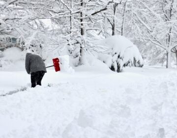 A person is shoveling a sidewalk after massive snowstorm in Moorestown, New Jersey