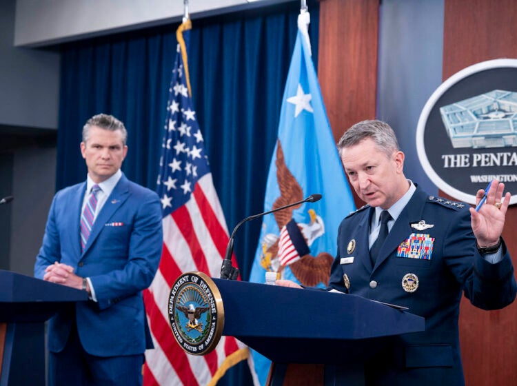 Joint Chiefs Chairman Gen. Dan Caine spoke at a news conference with Defense Secretary Pete Hegseth at the Pentagon, after the US struck Iran last year. (AP Photo/Kevin Wolf)