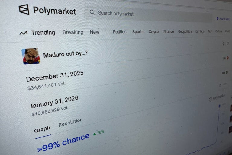 The Polymarket prediction market website is seen on a computer screen, Sunday, Jan. 11, 2026, in New York. (AP Photo/Wyatte Grantham-Philips)