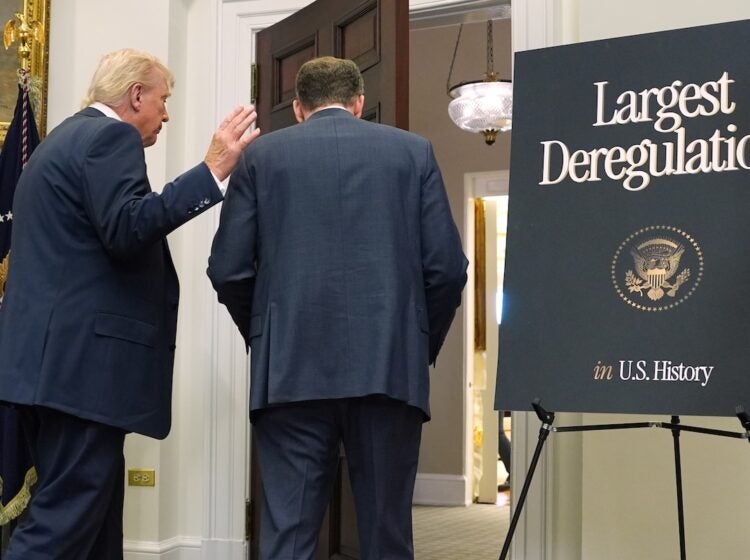 President Donald Trump departs with Environmental Protection Agency director Lee Zeldin and Office of Management after announcing the EPA will no longer regulate greenhouse gases, in the Roosevelt Room of the White House, Thursday, Feb. 12, 2026, in Washington. (AP Photo/Evan Vucci)