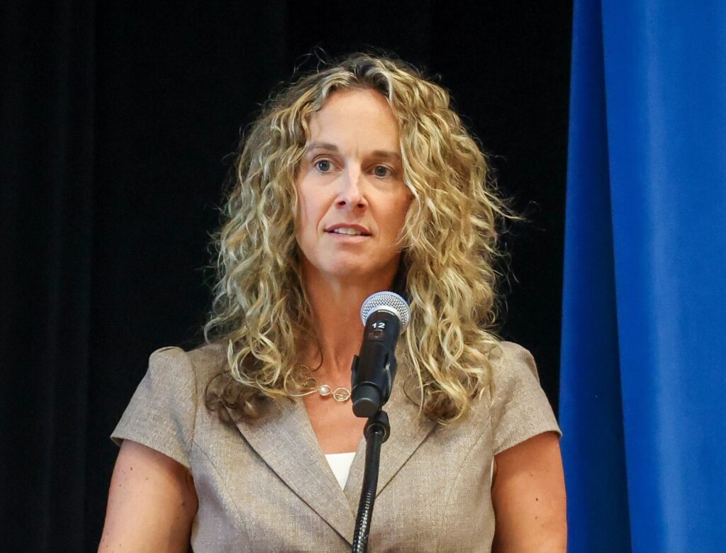 Brandywine School District Superintendent Lisa Lawson appears at a podium