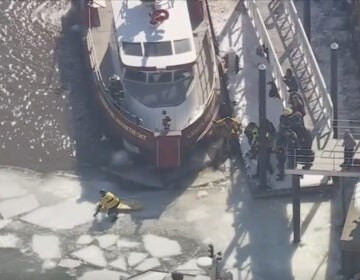 firefighters search for a firefighter who fell in the Delaware River