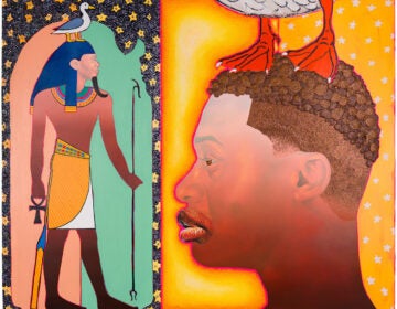 A painting features an Egyptian and another Black man with duck feet on his head