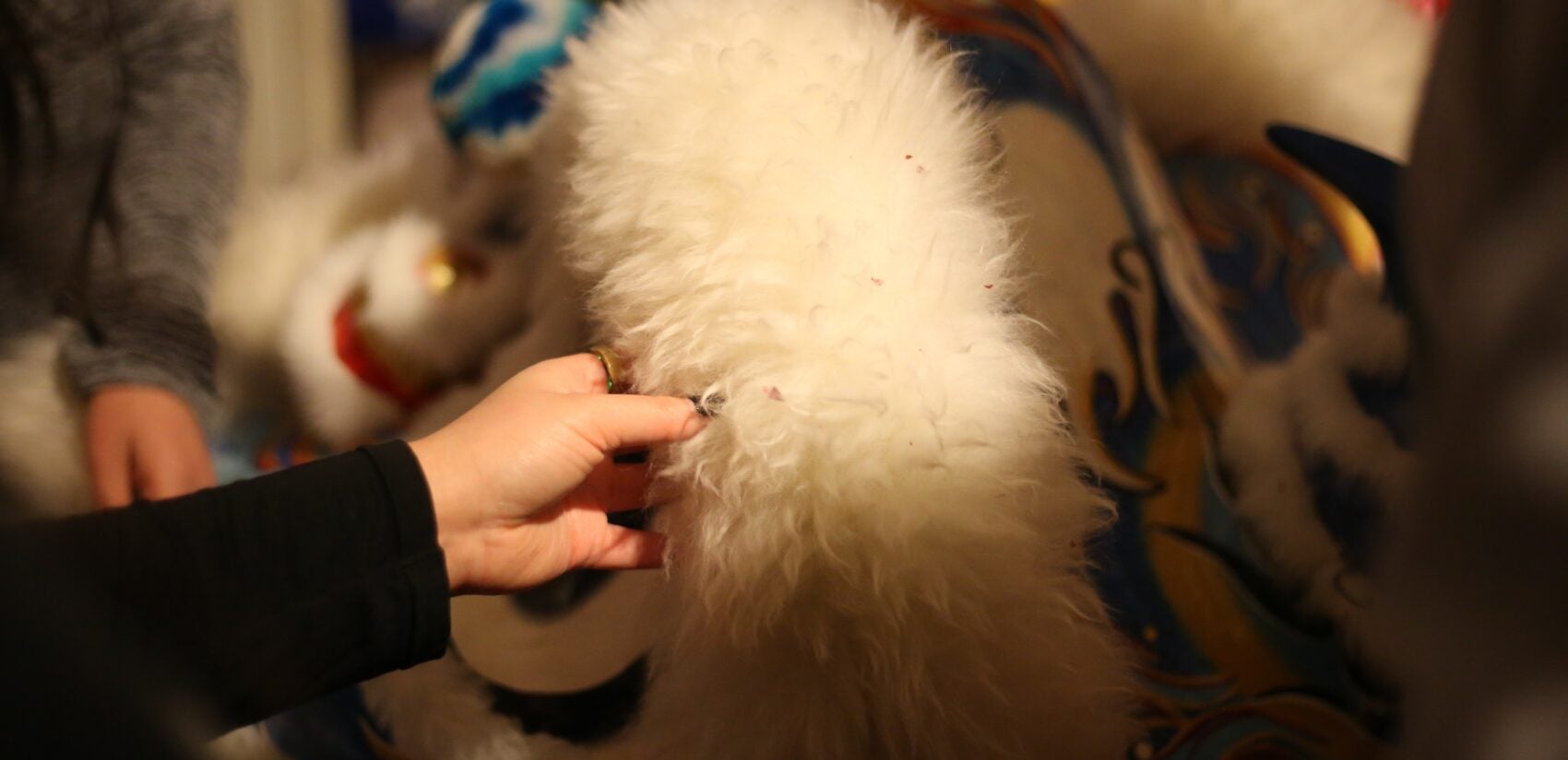 a fabric lion head being examined